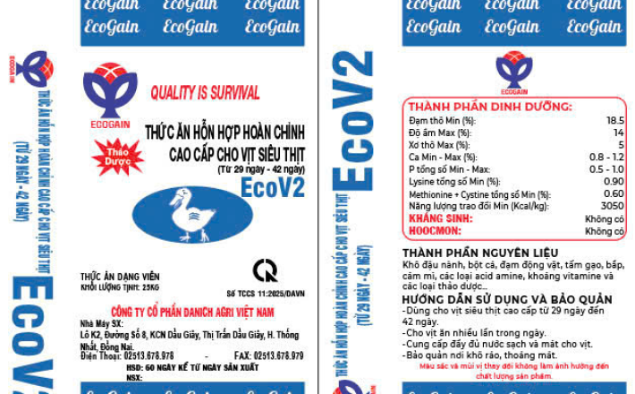 THỨC ĂN HỖN HỢP HOÀN CHỈNH CAO CẤP CHO VỊT SIÊU THỊT ECOV2