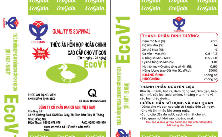 THỨC ĂN HỖN HỢP HOÀN CHỈNH CAO CẤP CHO VỊT CON ECOV1