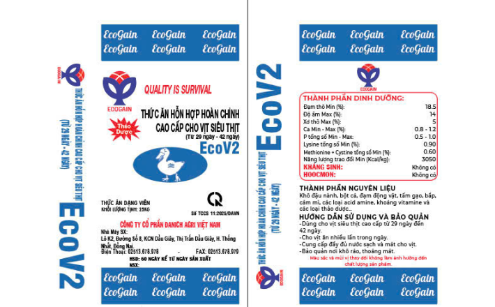 THỨC ĂN HỖN HỢP HOÀN CHỈNH CAO CẤP CHO VỊT SIÊU THỊT ECOV2