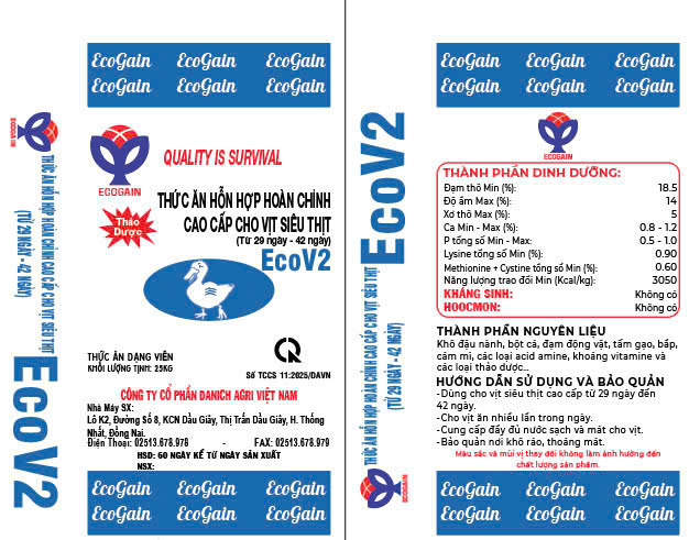 THỨC ĂN HỖN HỢP HOÀN CHỈNH CAO CẤP CHO VỊT SIÊU THỊT ECOV2